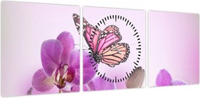 Obraz - Motyl na kwiatach orchidei, liliowy (z zegarem) (90x30 cm)
