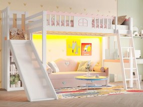 Łóżko mezzanine dla dzieci 90x200 cm - z oświetleniem LED - z półkami - ze zjeżdżalnią - Drewno lite - Białe (bez materaca)