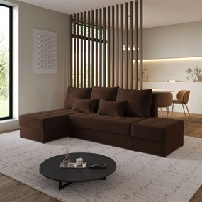 Masseno Narożnik NORVI z funkcją spania i pojemnikiem na pościel Narozniki L, Rozkładana sofa - Brązowy, KRONOS 06