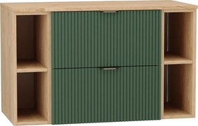 Zielony Zestaw Łazienkowy 100cm Szafka Blat Orzech Regały Orzech Ryflowane Fronty