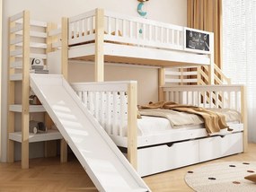 Łóżko piętrowe 90x200cm + 140x200cm z drewna - z 2 szufladami, zjeżdżalnią i schodami do przechowywania - Białe