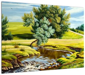 Obraz - rzeka między łąkami, obraz olejny (70x50 cm)