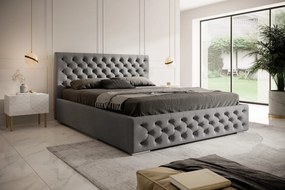 Łóżko tapicerowane ze stelażem i pojemnikiem CHESTERFIELD szare welurowe