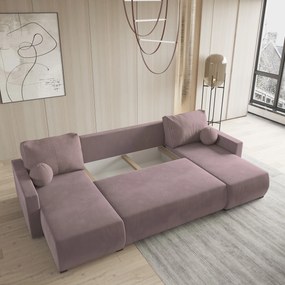 Masseno Narożnik TESSUN z funkcją spania i pojemnikiem na pościel Narozniki U, Rozkładana sofa - Pudrowy róż