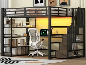 Łóżko piętrowe metalowe 140×200 cm - z oświetleniem LED - ze schodami - z biurkiem - ładowanie USB - czarne