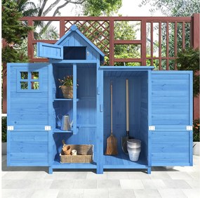 Solidny drewniany domek ogrodowy z dachem spadzistym z PCV - 2 półki, 3 drzwi zamykane na zatrzask - Dł. 118 x Gł. 54 x Wł. 173 cm - Niebieski