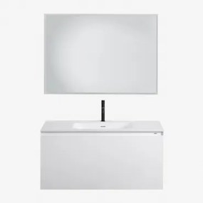 Zestaw Wiszących Mebli Łazienkowych Zintegrowany Z Umywalką Macrae Biała & Prostokątna Lampa Led I Przeciwmgielna 100x70 Cm Riben & Czarny Matowy ↑20