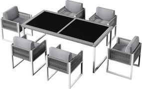 6-osobowy zestaw ogrodowy z liną – stół z blatem ze szkła hartowanego, wygodne krzesła ze zdejmowanymi poduszkami i zmywalnymi pokrowcami