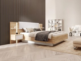 Łóżko z szafkami nocnymi 160 x 200 cm - Z oświetleniem LED - Naturalny i biały + Stelaż - ELYNIA