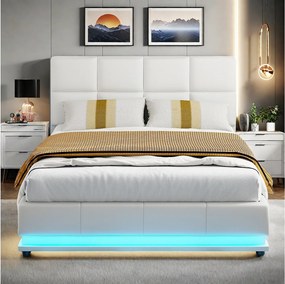 Łóżko z Pojemnikiem dla Dorosłych 140x190 cm Białe z Wbudowanym LED, Hydraulicznym Schowkiem i Stelażem - Styl Skandynawski z Szafką Nocną
