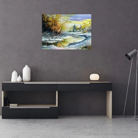Obraz na szkle zimowej rzeki, obraz olejny (70x50 cm)
