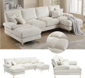Nowoczesna sofa w kształcie litery U - 272 x 136 x 88 cm - z 2 rozkładanymi siedziskami do salonu i sypialni - Chenille - beżowa