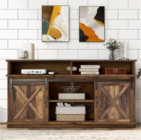 Szafka RTV - 148 x 40 x 78 cm - z 2 drzwiami przesuwnymi - regulowane półki - płyta wiórowa - brązowa