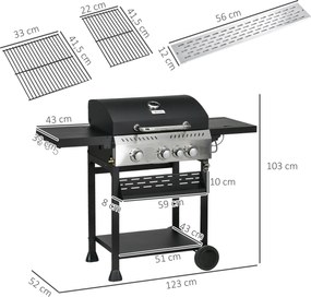 Outsunny Grill Gazowy, BBQ-Grill, 4 Główne Palniki, 1 Boczny Palnik, 1 Płyta Grzewcza; 123 x 52 x 101cm, Czarny