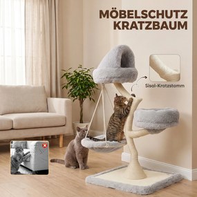 PawHut Drapak 115 cm wys. w kształcie drzewa, 2 zdejmowane legowiska do prania, hamak, słup do drapania z sizalu, dla kotów poniżej 6 kg | Aosom PL