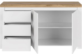 Komoda Dwudrzwiowa z Szufladami Drewniana do Salonu HAVEN 156 cm Biały Połysk/Dąb Wotan Nowoczesna