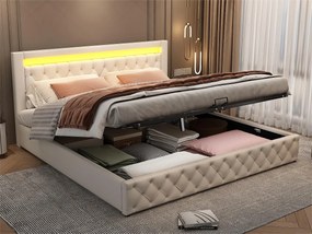 Łóżko z tapicerowanym zagłówkiem z ekoskóry z LED - 180x200cm - z stelażem na listwach - Białe