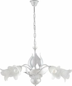 Olga - żyrandol z białego lakierowanego żelaza, zdobienia w kolorze antycznego srebra, klosze z białego alabastru Ø14 cm, klasyczny styl, 5 świateł