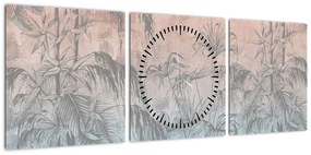 Obraz - Tropikalne rośliny na ścianie (z zegarem) (90x30 cm)