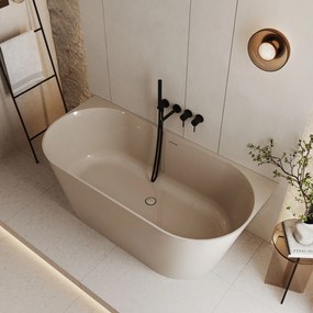 Wanna wolnostojąca przyścienna WALL White Matt / Glow  z konglomeratu biała matowa/błyszcząca 160 x 75 cm przelew typu SLIM : Kolor wanny - Beż połysk