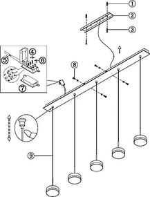 Lampa wisząca Fabas Luce Dunk z 5 źródłami światła - 40 W, ściemnialna dioda LED - szczotkowane aluminium, konstrukcja liniowa