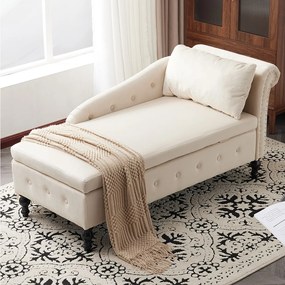 Leżanka do salonu - 144 x 62 x 69 cm - ze schowkiem + poduszki + prawy podłokietnik - welur - beż