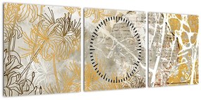 Obraz - Ściana w stylu vintage z kwiatami (z zegarem) (90x30 cm)