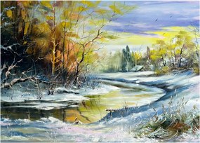 Obraz na szkle zimowej rzeki, obraz olejny (70x50 cm)