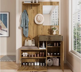 Zestaw na ubrania do przedpokoju 110x37x185,5 cm - z lustrem i wieszakami - Szafa na buty i ławka butowa - Naturalny