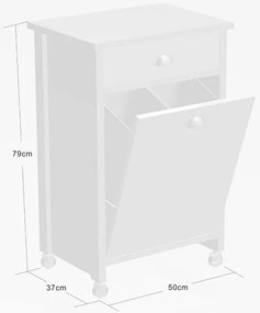 Drewniany barek na kółkach z koszem do segregacji śmieci