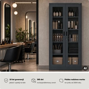 Witryna przeszklona metalowa wysoka z zamkiem antracytowa, 900x1850x400 mm: AMELIA