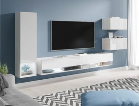 Nowoczesna meblościanka z LED 4-elem. – wiszący zestaw RTV 180 cm, słupek, 2 szafki, korpus biały mat, fronty biały połysk