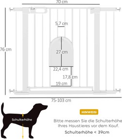 PawHut Regulowana bramka dla zwierząt, z małymi drzwiami, stal, tworzywo sztuczne, biały