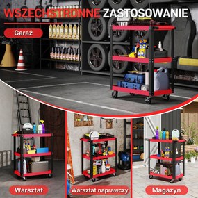 HOMCOM Wózek narzędziowy z 3 poziomami, metalowa rama, nośność 120 kg, kółka, uchwyt, czerwony