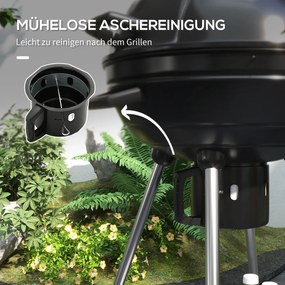 Outsunny Grill węglowy z rusztem, kółkami, półką, pojemnikiem na popiół, wbudowanym termometrem do BBQ, metalowy, czarny, 55 x 65 x 89 cm