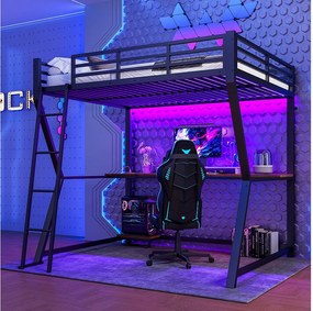 Łóżko piętrowe dla dzieci - 140 x 200 cm - z diodami LED + półka + biurko + USB - Metalowe - czarne