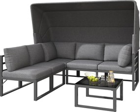 Zestaw mebli ogrodowych modułowych metalowych 5-osobowych ze stolikiem kawowym i składaną markizą - Blat szklany - Czarny