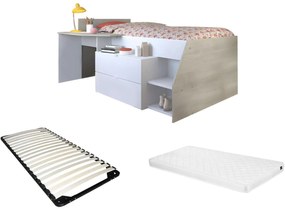 Łóżko z biurkiem i półkami - 90x200 cm - Kolor: Biały i naturalny + materca + stelaż - GISELE