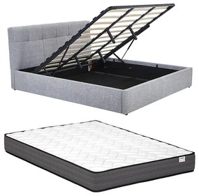 Łóżko ze skrzynią  180 x 200 cm - Tkanina z bukli  - Szary + Materac - MAZIRI