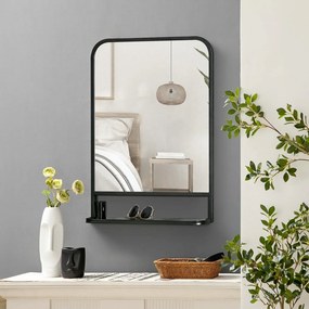 HOMCOM lustro ścienne z półką czarne metalowe zaokrąglone krawędzie stylowe lustro do łazienki 70x50 | Aosom PL