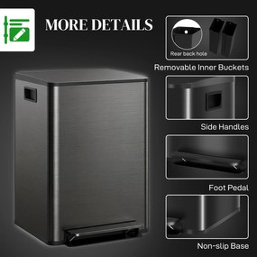 HOMCOM Kosz na śmieci z 2x30L komorami, pokrywa Soft-Close, odporny na odciski, stal nierdzewna, czarny | Aosom PL