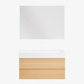 Zestaw Wiszących Mebli Łazienkowych Z Drewna I Forniru Jesionowego Zintegrowany Z Umywalką Ona Naturalna & Prostokątny Led - Sklum