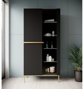 Witryna Nicole 100 cm z ryflowanym frontem - czarny mat / złote nóżki