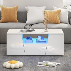 Stolik kawowy błyszczący - 100 x 50 x 40 cm - z diodami LED + 2 drzwi + 1 szuflada - płyta wiórowa - biały