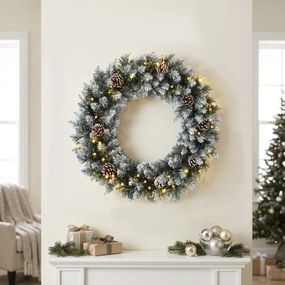 HOMCOM Wieniec świąteczny 60 cm oświetlony, wieniec drzwiowy z 50 LED, szyszki, sztuczny śnieg na Boże Narodzenie i adwent, drzwi wejściowe | Aosom PL