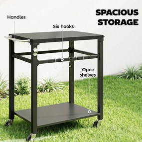 Outsunny Outdoorowy wózek grillowy, Stojak na piec do pizzy z metalową powierzchnią, 2-poziomowa mobilna stacja kuchennych z haczykami i uchwytami, Czarny | Aosom PL