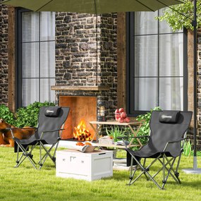 Outsunny Zestaw 2 składanych krzeseł kampingowych z odpinanym podnóżkiem, podgłówkiem i uchwytem na napoje, nośność 120 kg, Czarne