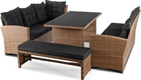 Narożnik ogrodowy technorattan Solvio ze stołem i ławką, jasnobrązowy, poduszki czarne