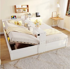 Łóżko hydrauliczne dla dzieci, podwójne, z pojemnikiem - 90/180 x 200 cm - z półkami + diody LED + gniazdko elektryczne - MDF - białe