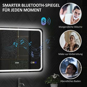 HOMCOM Lustro łazienkowe z podświetleniem LED, mata przeciwmgielna, 3 regulowane kolory, zegar, 600 x 800 mm, kolor srebrny | Aosom PL